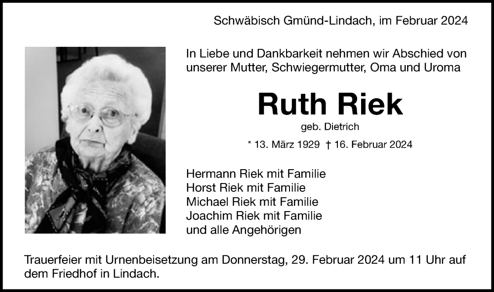  Traueranzeige für Ruth Riek vom 24.02.2024 aus Gmünder Tagespost