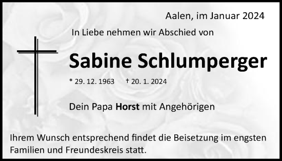 Traueranzeige von Sabine Schlumperger von Schwäbische Post
