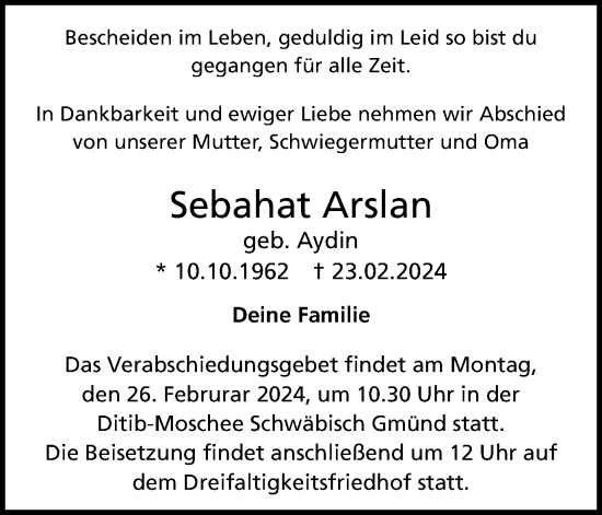Traueranzeige von Sebahat Arslan von Gmünder Tagespost