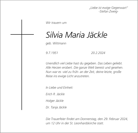 Traueranzeige von Silvia Maria Jäckle von Gmünder Tagespost