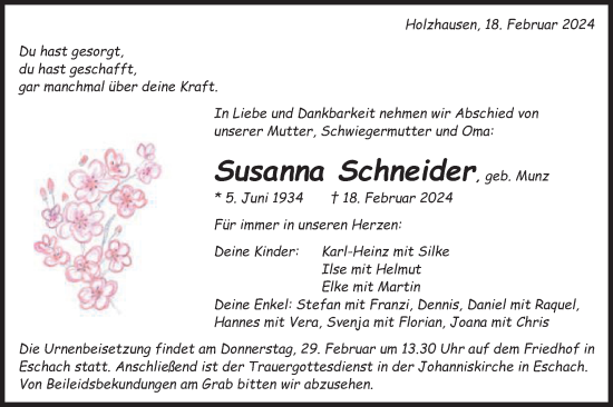 Traueranzeige von Susanna Schneider von Gmünder Tagespost
