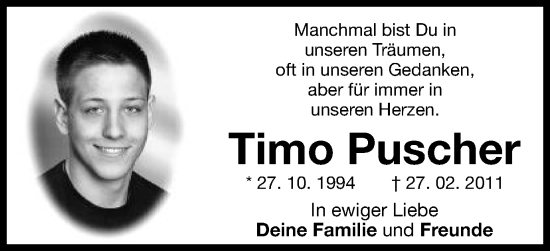 Traueranzeige von Timo Puscher von Schwäbische Post