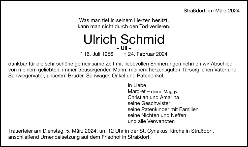  Traueranzeige für Ulrich Schmid vom 28.02.2024 aus Gmünder Tagespost