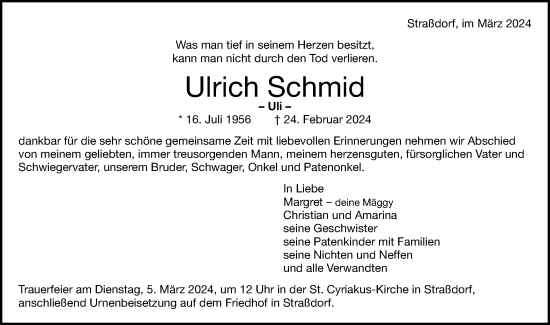 Traueranzeige von Ulrich Schmid von Gmünder Tagespost