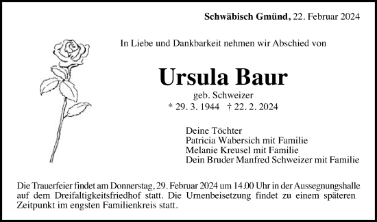 Traueranzeige von Ursula Baur