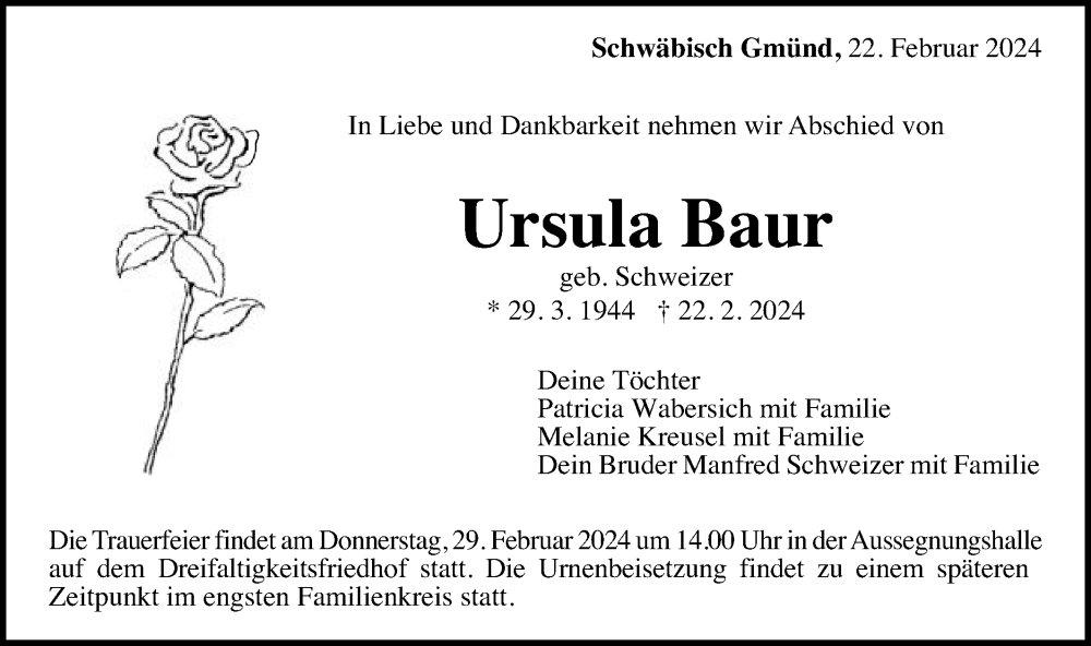  Traueranzeige für Ursula Baur vom 27.02.2024 aus Gmünder Tagespost