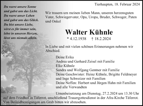 Traueranzeige von Walter Kühnle