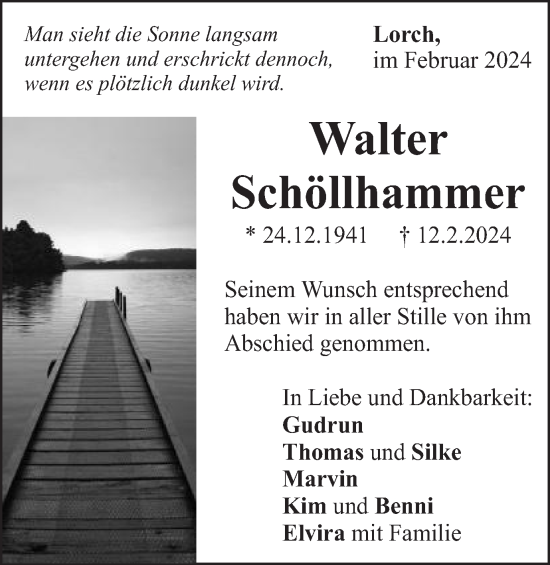 Traueranzeige von Walter Schöllhammer von Gmünder Tagespost