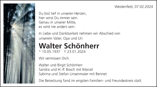 Traueranzeige von Walter Schönherr von Schwäbische Post