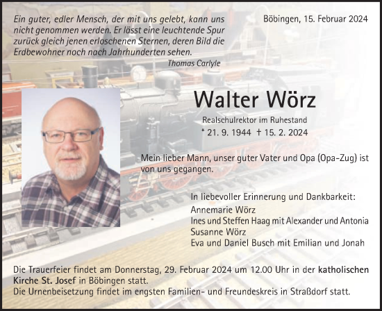 Traueranzeige von Walter Wörz von Gmünder Tagespost