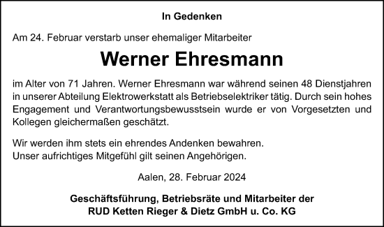 Traueranzeige von Werner Ehresmann von Schwäbische Post