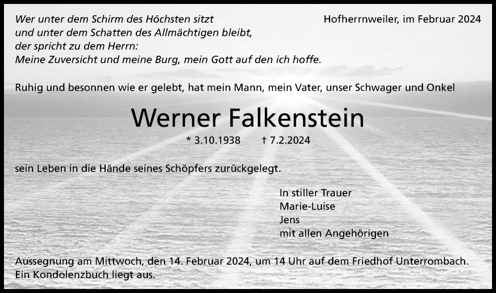  Traueranzeige für Werner Falkenstein vom 10.02.2024 aus Schwäbische Post