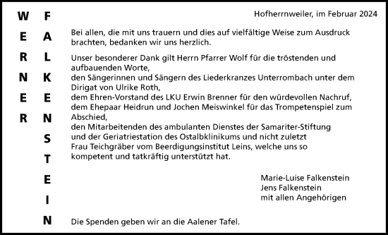 Traueranzeige von Werner Falkenstein von Schwäbische Post