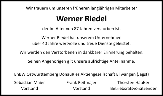 Traueranzeige von Werner Riedel von Schwäbische Post