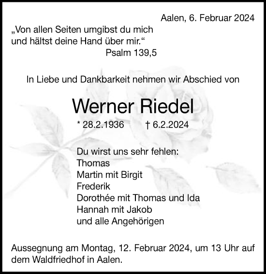 Traueranzeige von Werner Riedel von Schwäbische Post
