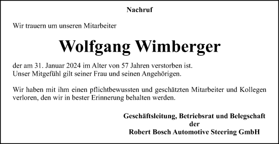 Traueranzeige von Wolfgang Wimberger