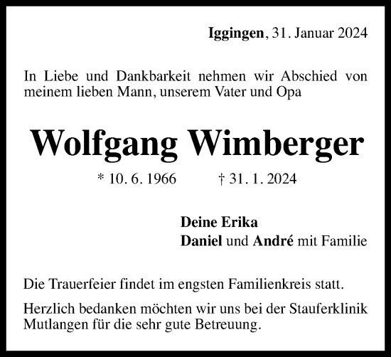 Traueranzeige von Wolfgang Wimberger von Gmünder Tagespost