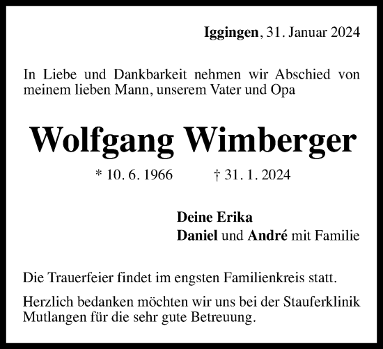 Traueranzeige von Wolfgang Wimberger