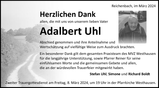 Traueranzeige von Adalbert Uhl von Schwäbische Post