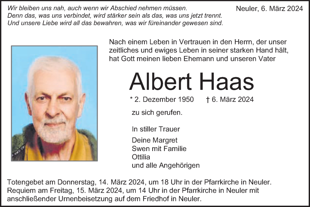  Traueranzeige für Albert Haas vom 12.03.2024 aus Schwäbische Post