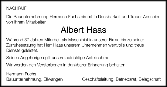 Traueranzeige von Albert Haas