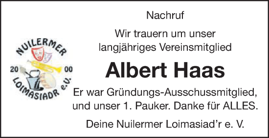 Traueranzeige von Albert Haas