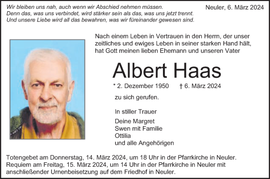 Traueranzeige von Albert Haas