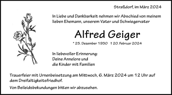 Traueranzeige von Alfred Geiger von Gmünder Tagespost