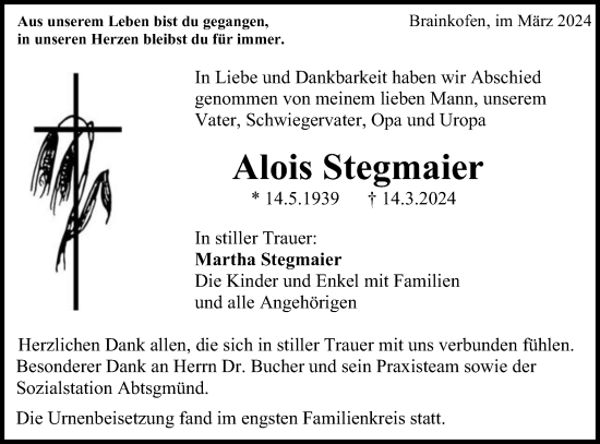 Traueranzeige von Alois Stegmaier von Gmünder Tagespost
