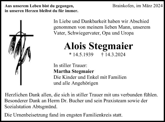 Traueranzeige von Alois Stegmaier