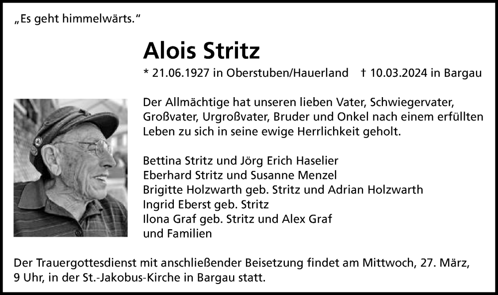  Traueranzeige für Alois Stritz vom 20.03.2024 aus Gmünder Tagespost