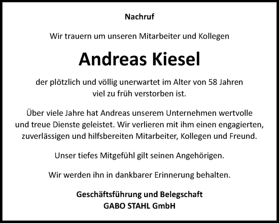 Traueranzeige von Andreas Kiesel von Schwäbische Post