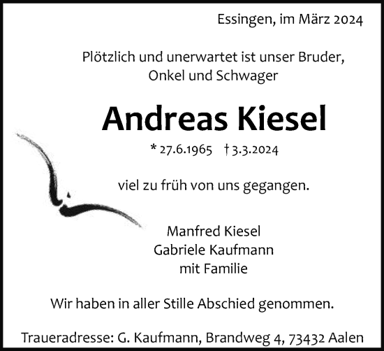 Traueranzeige von Andreas Kiesel von Schwäbische Post