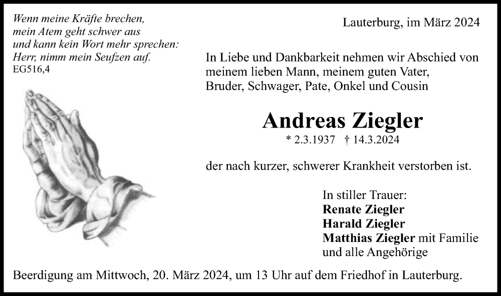 Traueranzeige für Andreas Ziegler vom 18.03.2024 aus Schwäbische Post