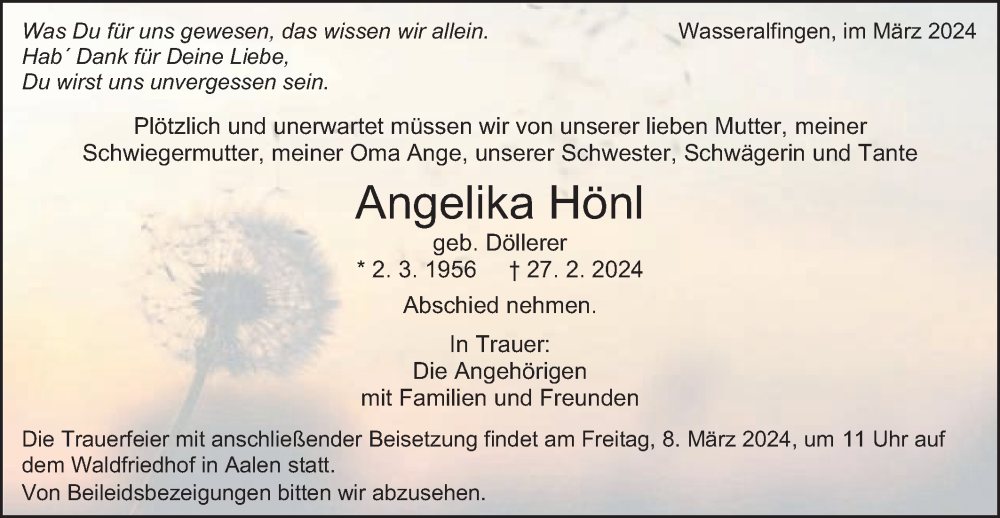  Traueranzeige für Angelika Hönl vom 05.03.2024 aus Schwäbische Post