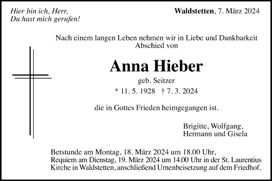 Traueranzeige von Anna Hieber von Gmünder Tagespost