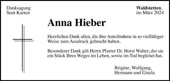 Traueranzeige von Anna Hieber von Gmünder Tagespost