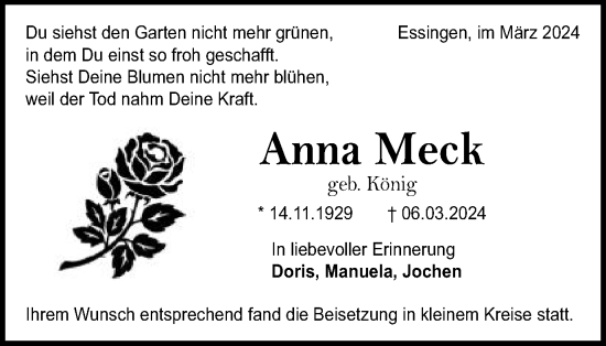 Traueranzeige von Anna Meck von Schwäbische Post