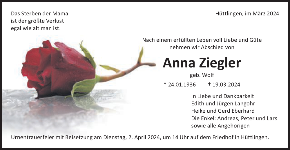  Traueranzeige für Anna Ziegler vom 28.03.2024 aus Schwäbische Post