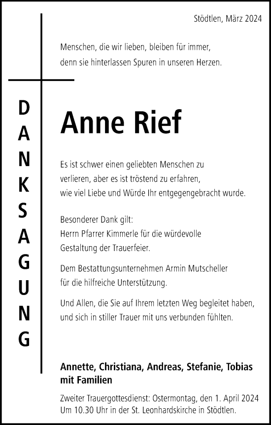Traueranzeige von Anne Rief von Schwäbische Post