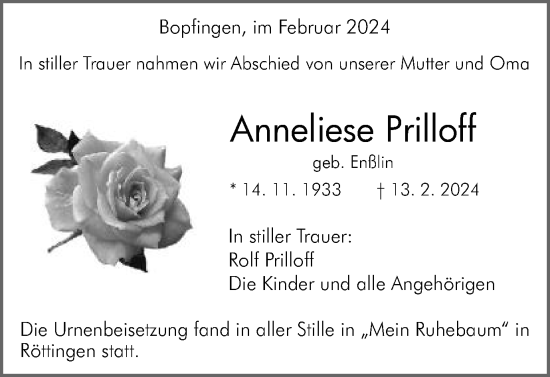 Traueranzeige von Anneliese Prilloff von Schwäbische Post