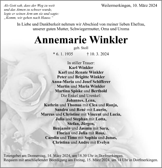 Traueranzeige von Annemarie Winkler von Schwäbische Post