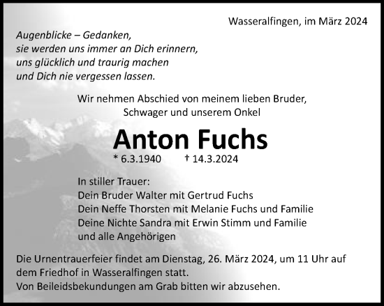 Traueranzeige von Anton Fuchs von Schwäbische Post