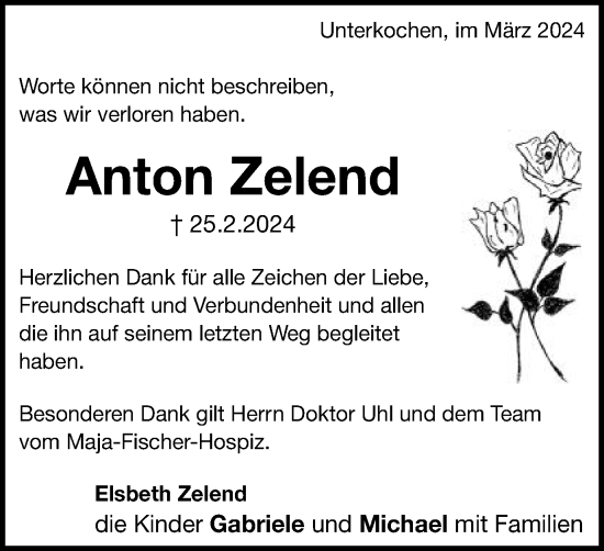 Traueranzeige von Anton Zelend von Schwäbische Post