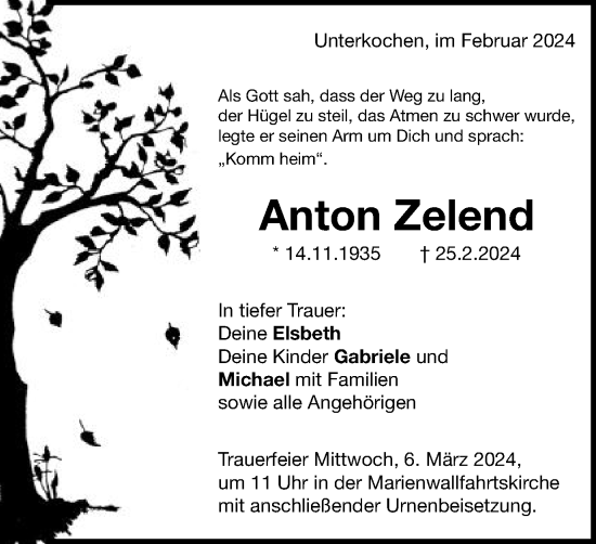 Traueranzeige von Anton Zelend von Schwäbische Post