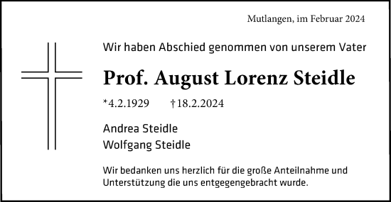 Traueranzeige von August Lorenz Steidle von Gmünder Tagespost