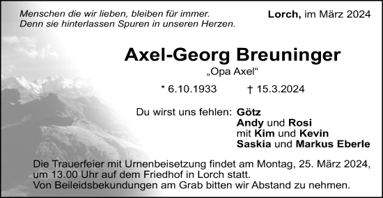 Traueranzeige von Axel-Georg Breuninger von Gmünder Tagespost