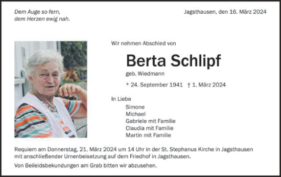 Traueranzeige von Berta Schlipf von Schwäbische Post