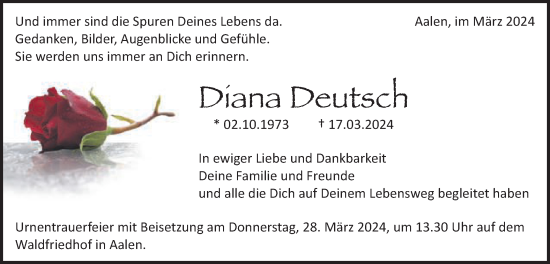 Traueranzeige von Diana Deutsch von Schwäbische Post