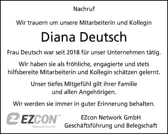 Traueranzeige von Diana Deutsch von Schwäbische Post